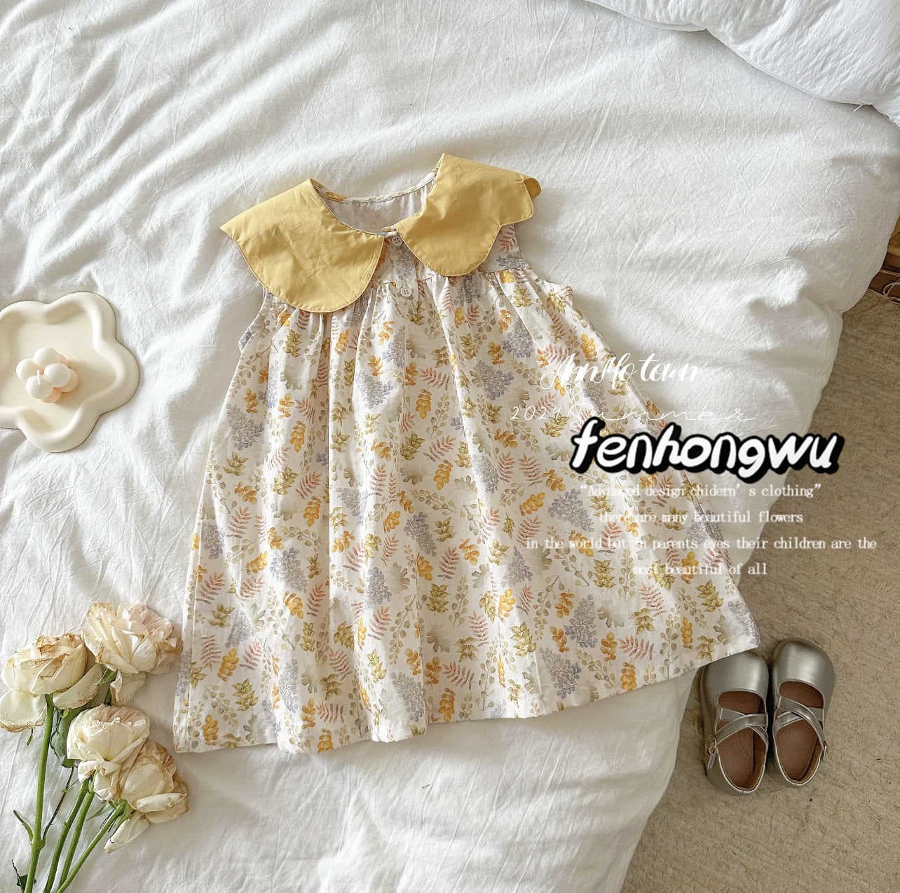 Pink House Sweet Baby Princess 2026 Girls New Summer Style Pastoral Skirt Bubble Floral Dress