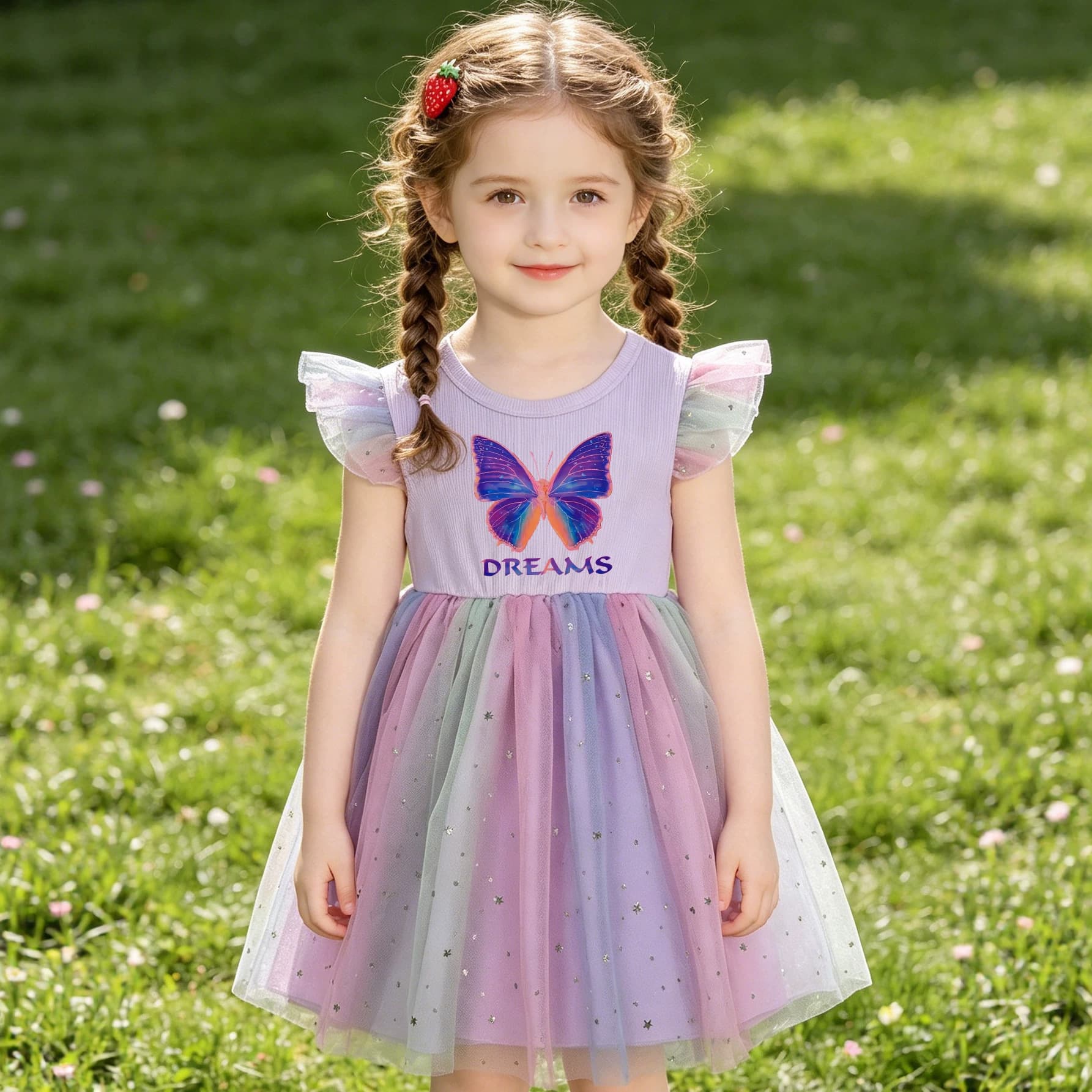 High-end Girls' Skirt, Rainbow Princess Dress, Summer Gauze Tutu, Flutter Sleeves, Round Neck, Interchangeable Printed Top