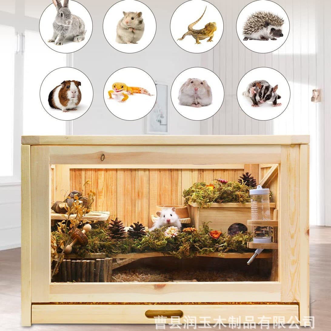 Natural Wooden Hamster Cage Habitat for Home, Two-Layer with Shelf and Ladder, Top Opening