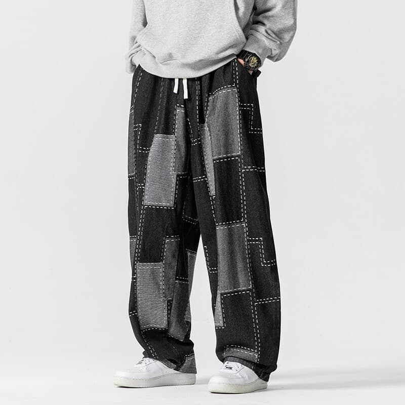 Perennial large size Japanese retro loose wide leg straight casual pants men's patch jacquard jeans men's wholesale