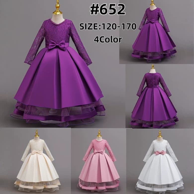 New Girls' Dress Long Sleeve Lace Satin Patchwork Children's Bow Mesh Princess Dress for Children's Day Runway Show