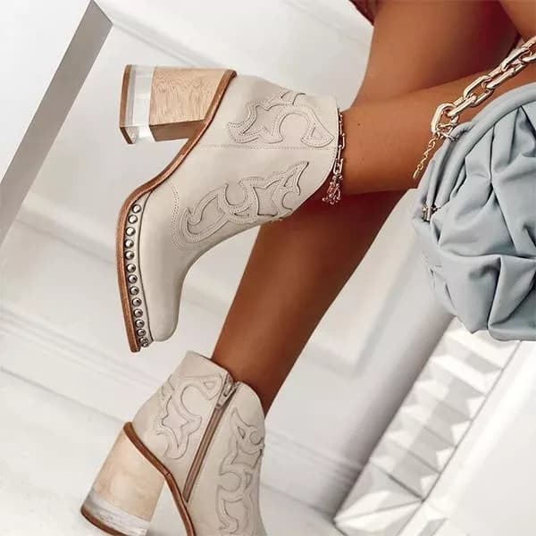 Cross-border Trade Plus Size 2024 European and American Embroidered Fashion Boots Women's Rivet Trim Acrylic Crystal High Heel Ankle Boots