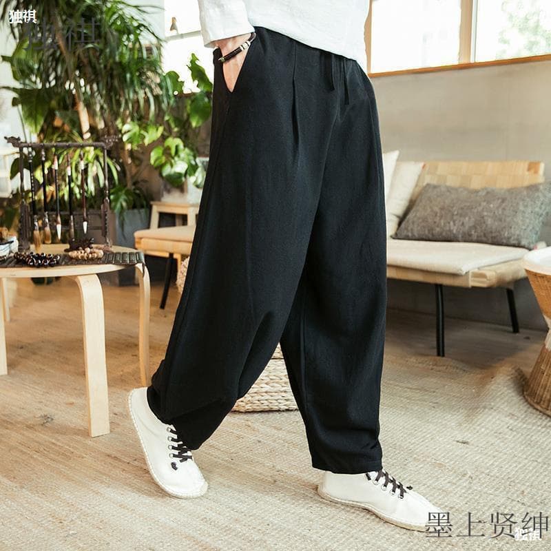 Chinese Style Harajuku Pants Loose Wide Leg Casual Lantern Pants Men's Versatile Large Size Linen Trousers Rabbit Fur Blend