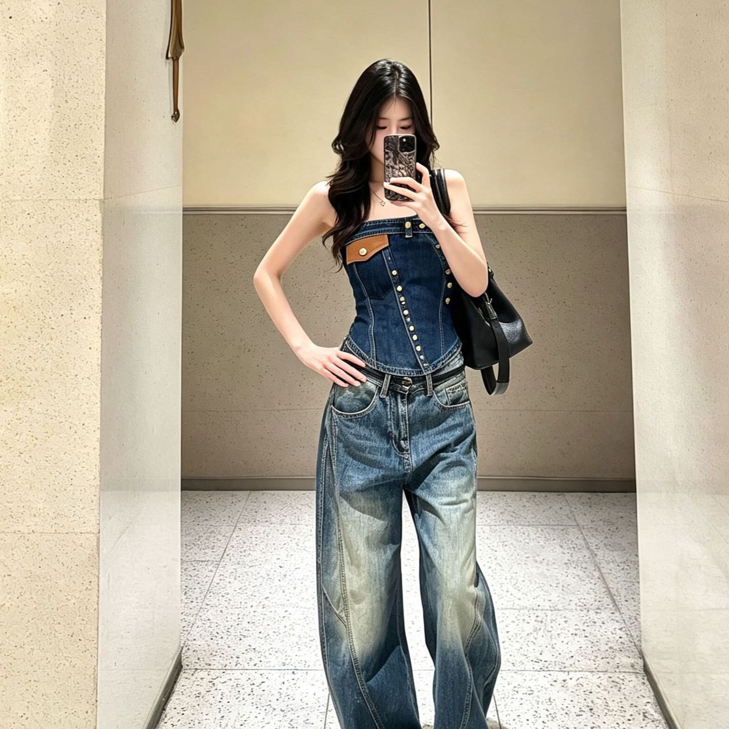 American Trendy Denim Corset Tank Top for Women, Summer New Diagonal Button Waist Slimming Fashion Top
