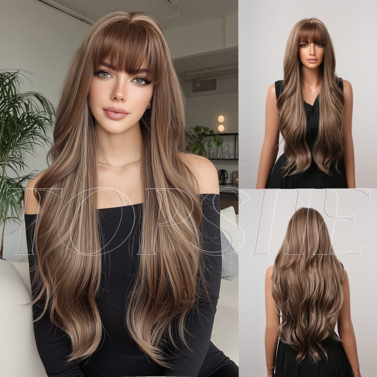 European and American Bangs Wavy Long Curly Hair High Temperature Silk Cross-Border Hot Selling Natural Whitening Age-Reducing Wig Full Head Cover for Women
