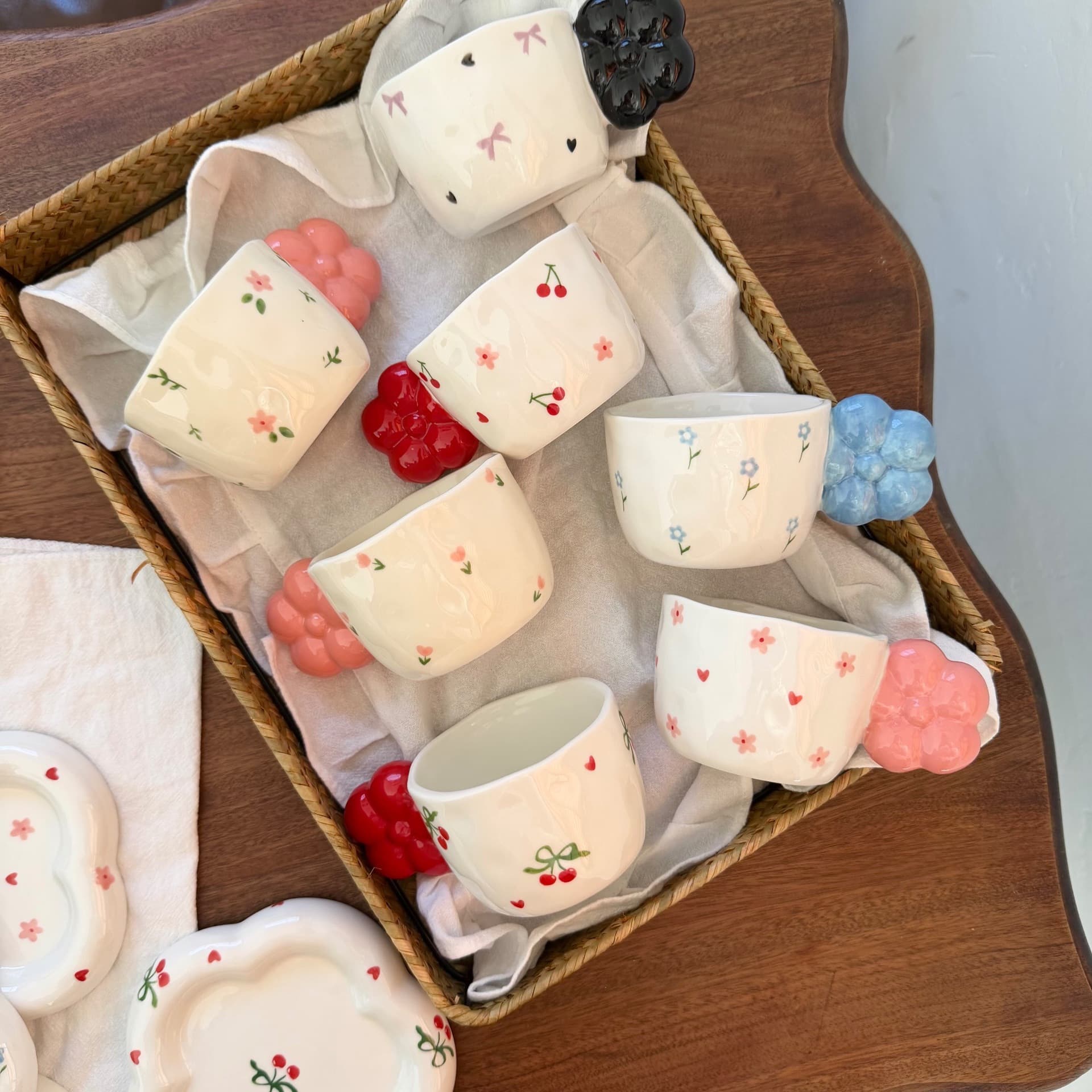 Korean Ins Style Handmade Flower Ceramic Coffee Cup and Saucer, Hand-Pinched Irregular Cup and Saucer, Breakfast Cup Milk Cup