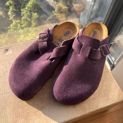 Purple Birkenstock Shoes Women 2025 Outdoor Wear Genuine Leather Cork Sole Thick Sole Closed Toe Birkenstock Semi-Sandals Retro Style