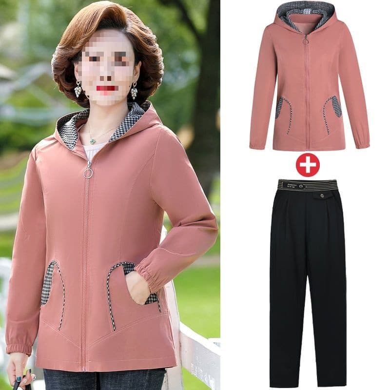 New style middle-aged mother's autumn and spring hooded coat trench coat casual middle-aged and elderly women's autumn top zip-up top
