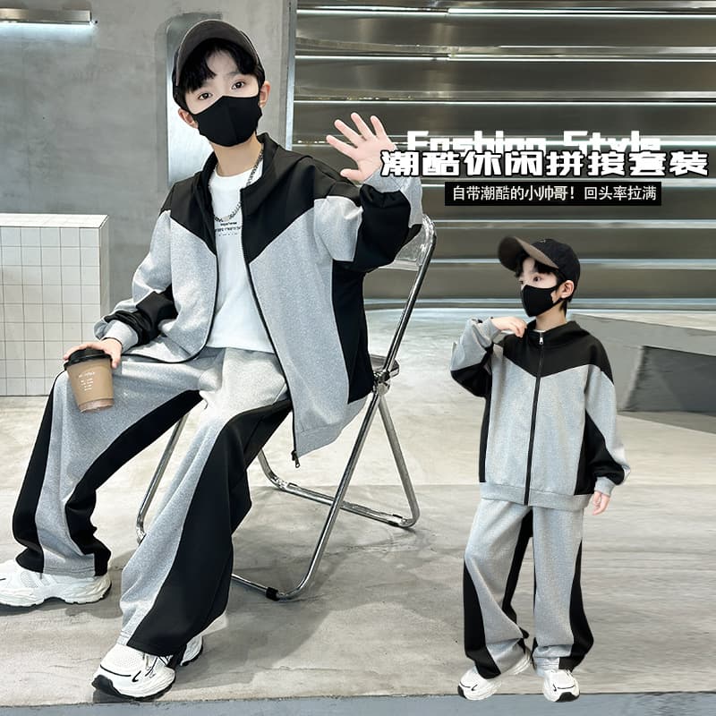 Autumn Kids Hooded Zip-Up Sweatshirt and Sweatpants Set, Trendy Cool Loose Casual Color-Block Two-Piece Set for Older Boys and Girls