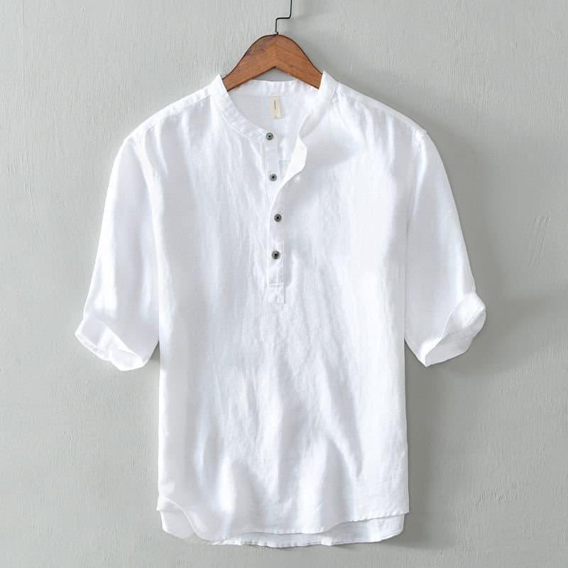 Fresh Stand Collar Pullover Short Sleeve Cotton Linen Shirt Men's Casual Summer Loose Artistic Linen Shirt