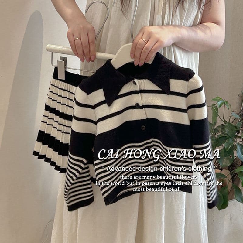 Korean children's clothing 2025 autumn new style girls' French striped suit with collared knitted cardigan and skirt.