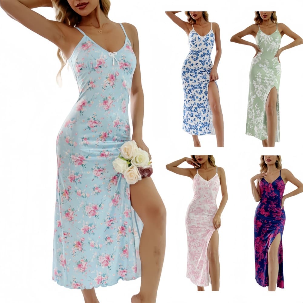 European and American Cross-Border Summer New Floral Print Split Long Dress, European and American Style Spaghetti Strap Slip Dress, Casual and Lazy Style