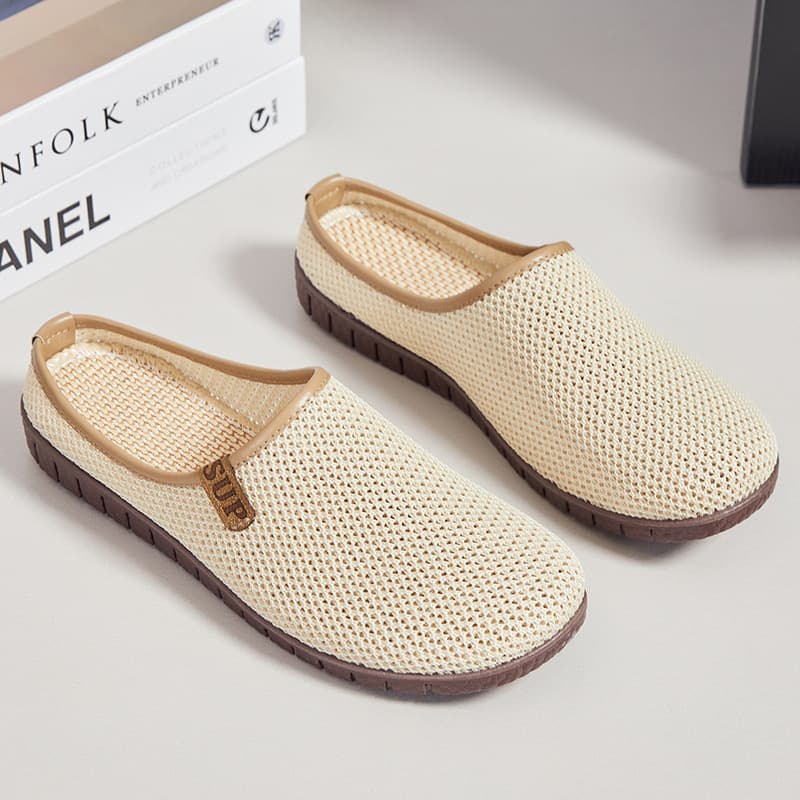 Women's Summer Outdoor Wear Breathable Casual Slip-On Shoes Fly Knit Hollow Out Flat Mouth Slippers Comfortable Mesh Inner