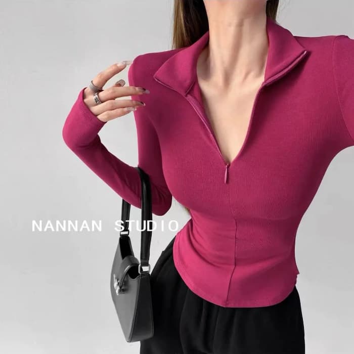 【6 Colors 6 Sizes】Long Sleeve T-Shirt Women Spring Autumn Pure Desire Style Slim Fit Stretchy Polo Neck Top