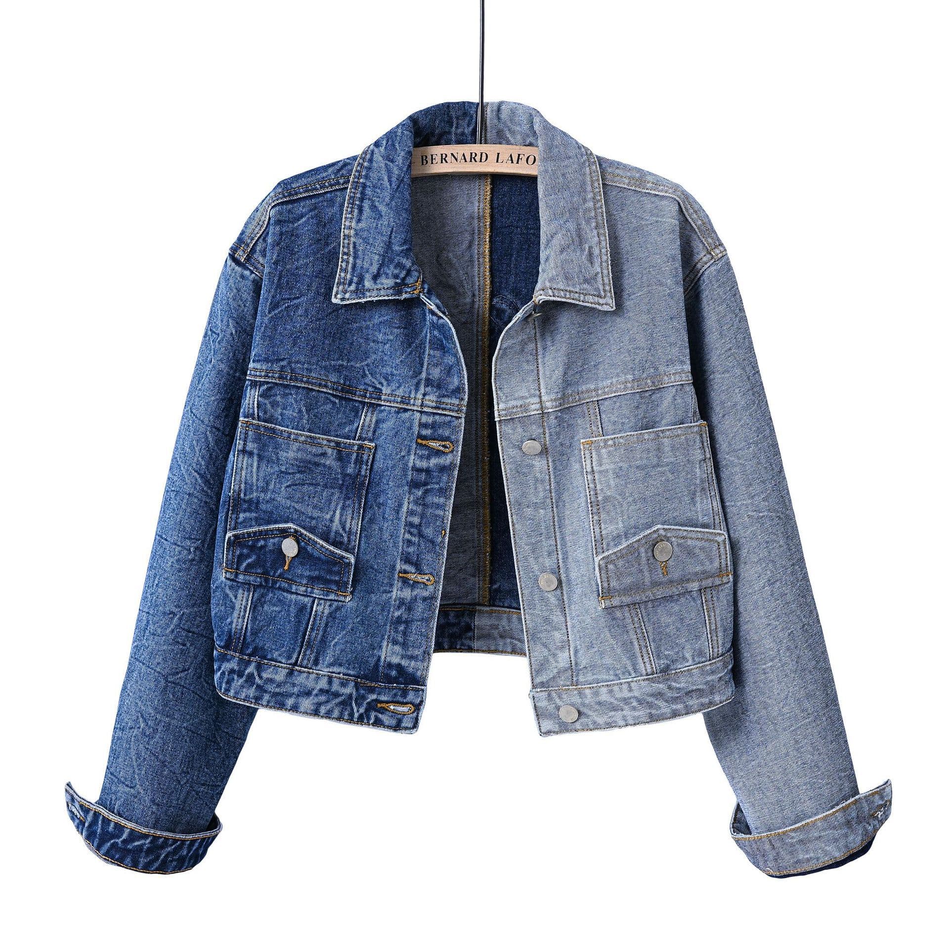Spring and Fall Fashion Women's Personalized Color-Block Long-Sleeve Cropped Denim Jacket with Inverted Pockets and Patchwork Design Korean-Style Top