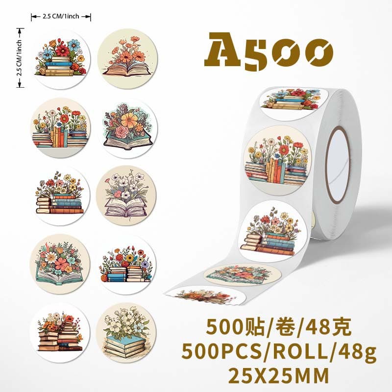 New Roll Sticker Library Bookstore School Reward Sticker Flower and Book Cartoon Pattern Sticker Seal Sticker Non-Adhesive