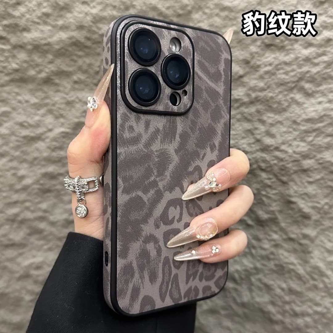 Compatible iPhone 16 Pro Phone Case Leopard Print Leather Self-Adhesive Lens Film Apple 15/14 Premium Anti-Drop Hard