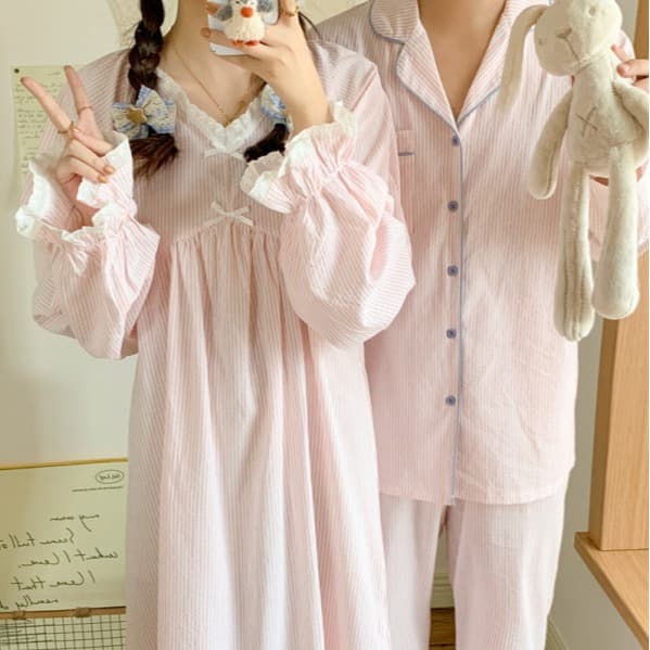 Korean Ins Women's Autumn New Korean Style Couple Pajamas Loose Long Sleeve Casual Homewear Set for Women