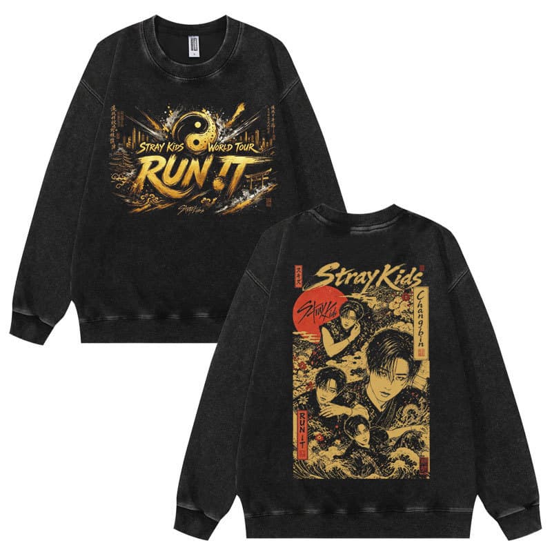 Cross-Border Washed Stray Kids World Tour Run It SKZ Ribbed Crewneck Sweatshirt Top