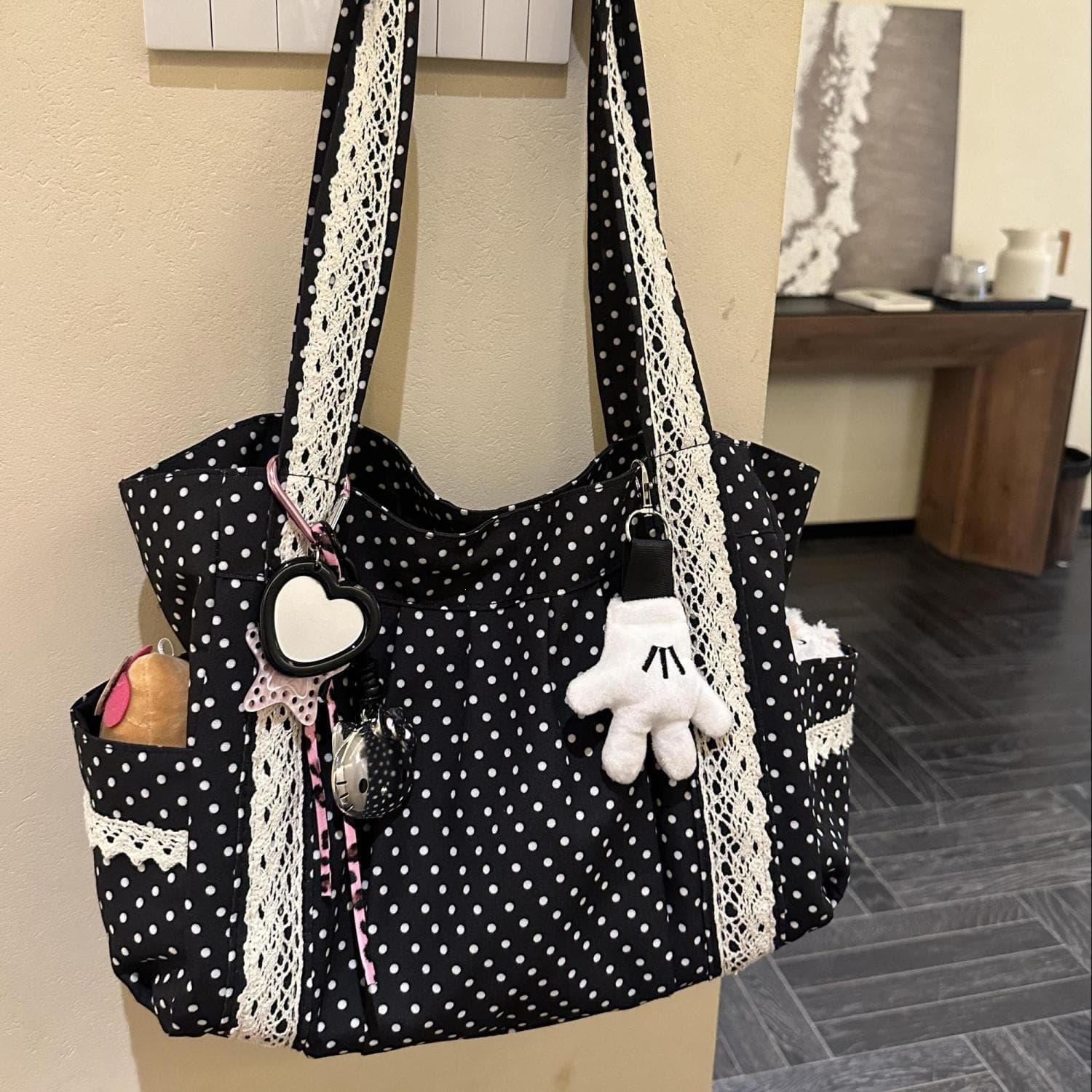 Canvas Bag with Black and White Polka Dots, French-Style Tote Bag, Color-Blocking Bag, Versatile Large-Capacity Shoulder Bag for Commuting, Underarm Handbag Xb