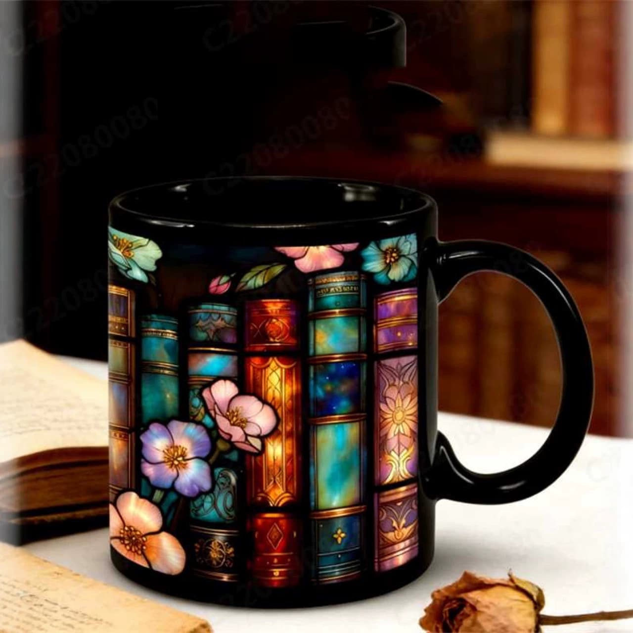 Cross-border Bookshelf Book Ceramic Coffee Mug Stained Glass Tea Cup Bookshelf