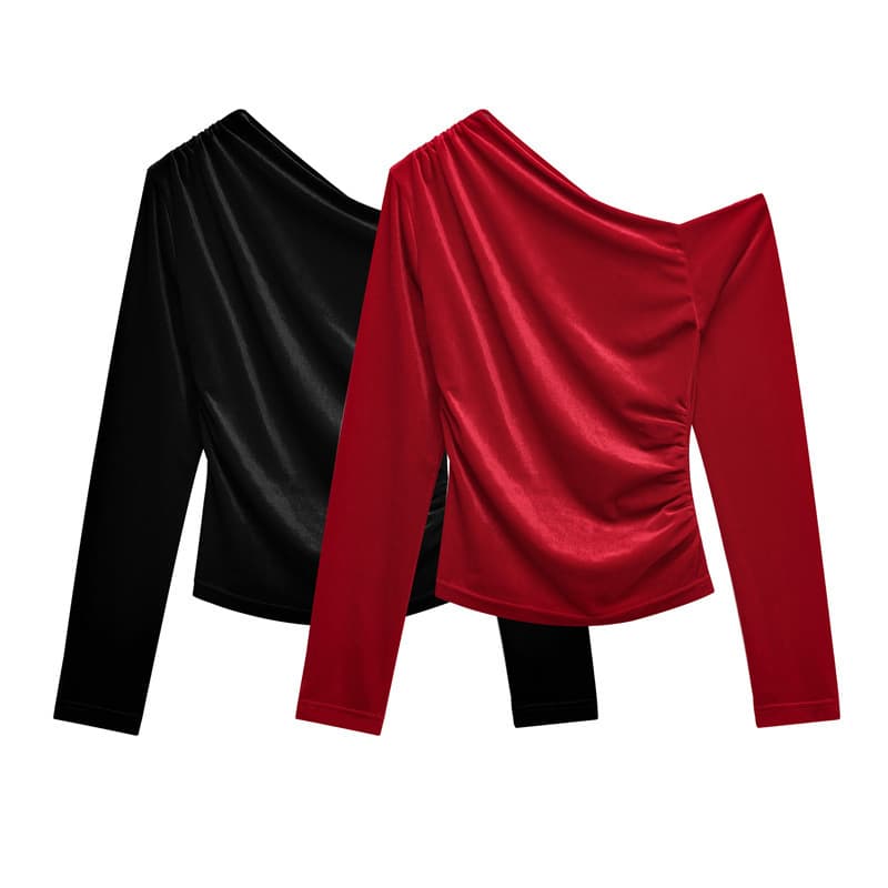 Foreign trade order! Spring new pleated top, retro round neck bottoming shirt, loose top, asymmetrical niche for women