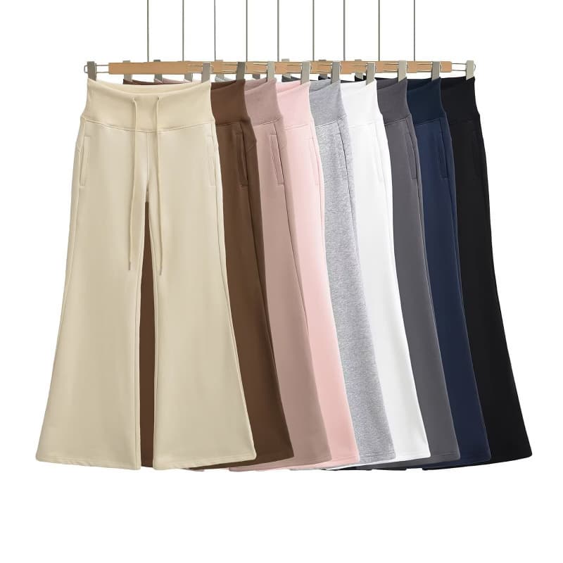 Women's cotton fleece-lined thickened flared sweatpants, new autumn/winter style, floor-length, low-waisted, elastic waist, casual and versatile.