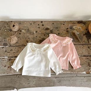 0-3 Years Baby Girl Base Shirt 2026 Spring/Autumn Style Simple Infant Toddler Embroidered Turn-down Collar Top Cotton Long Sleeve T-Shirt
