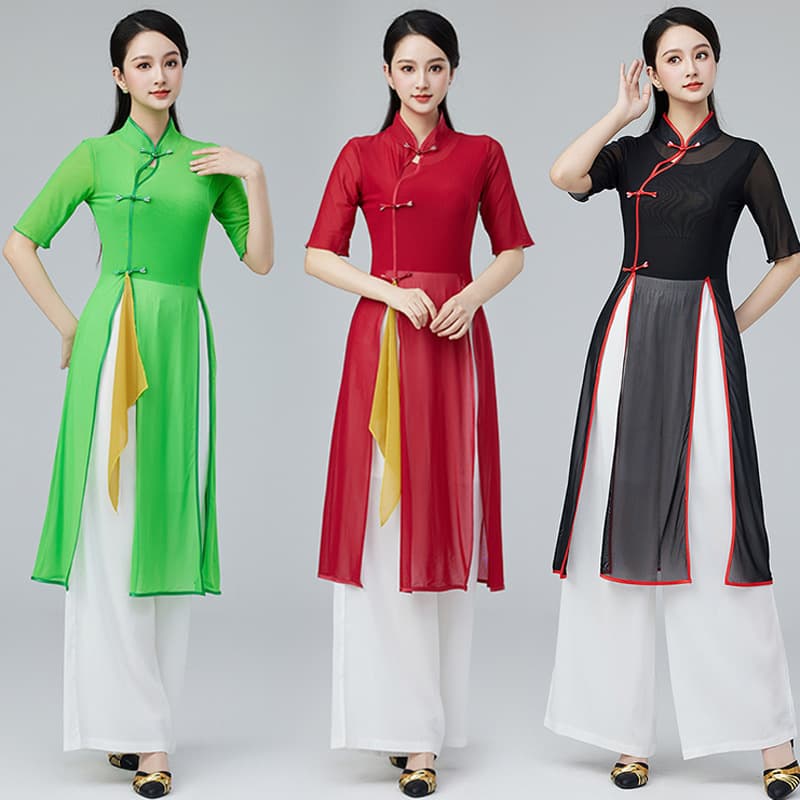 Square Dance Classical Dance Cheongsam Dance Costume Chinese Style Body Rhythm Mesh Top Ethnic Dance Performance Wear Practice Wear Stretch
