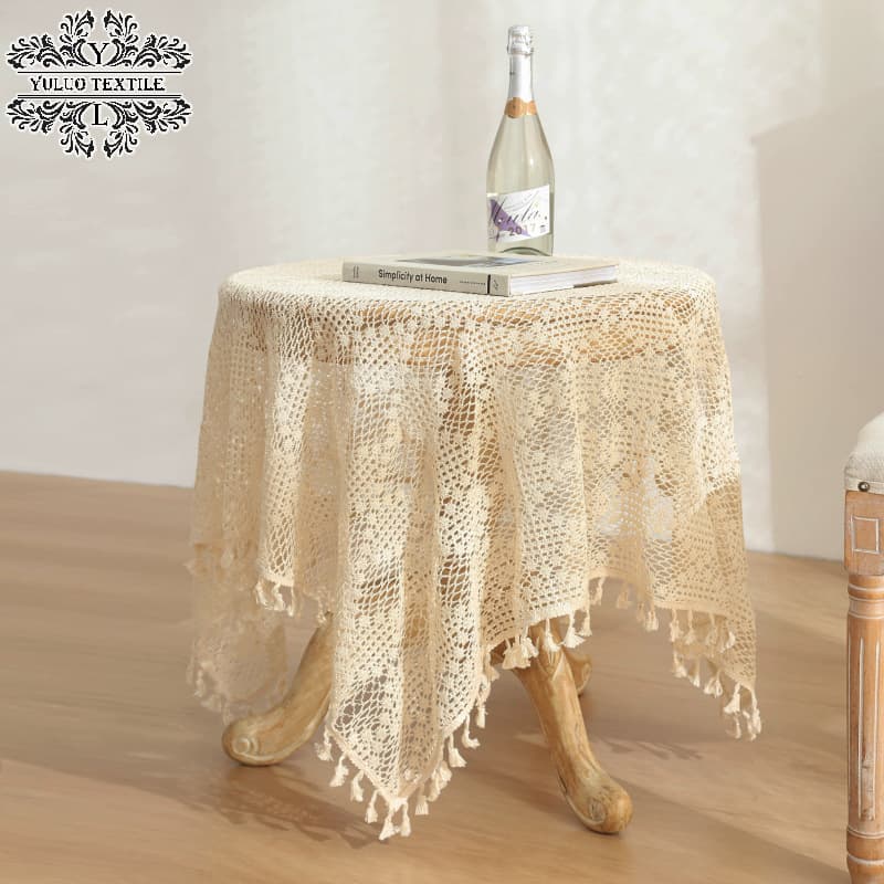 American Country Cotton Woven Tablecloth Lace Hollow Hook Tassel Dining Tablecloth French Style Cover Cloth Vintage INS Tablecloth