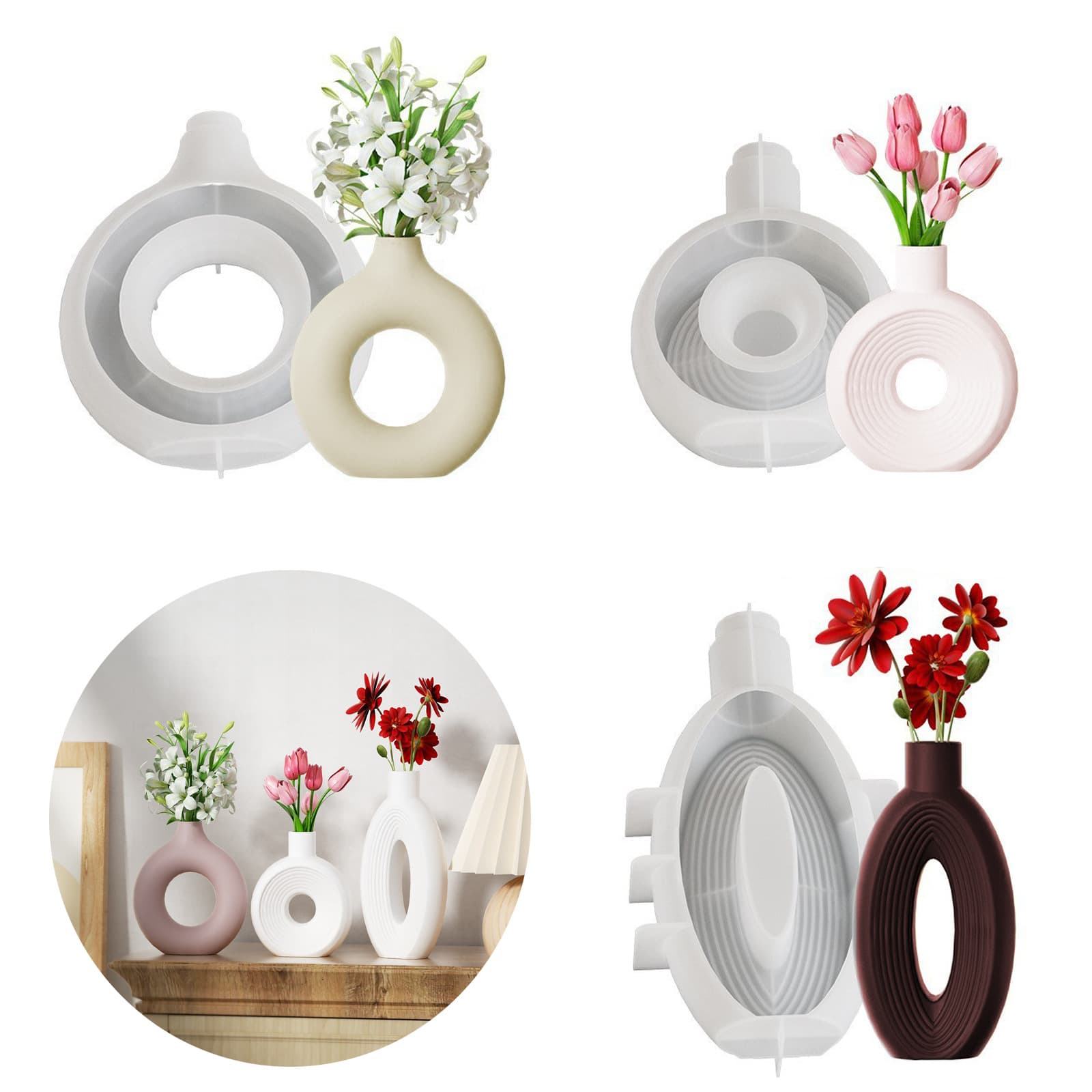 Nordic Ins Hollow Circle Large Vase Silicone Mold Epoxy Resin DIY Oval Striped Vase Plaster Home Decor