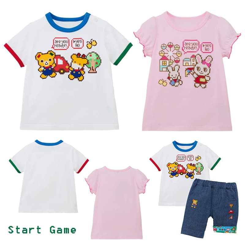 In Stock Baby Cute Game Embroidered Bear Rabbit Short Sleeve T-Shirt Kids Cartoon Color Block Round Neck Top