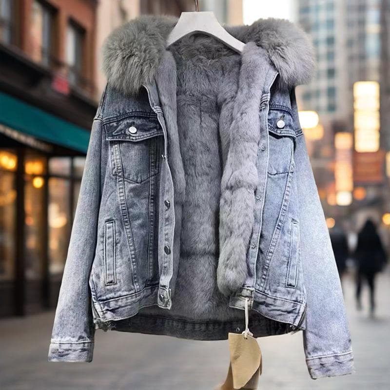 In Stock Short Jacket Cotton Padded 2025 Winter Quilted New Cotton Coat Loose Korean Style Denim Faux Fur Collar Thick Jacket Women