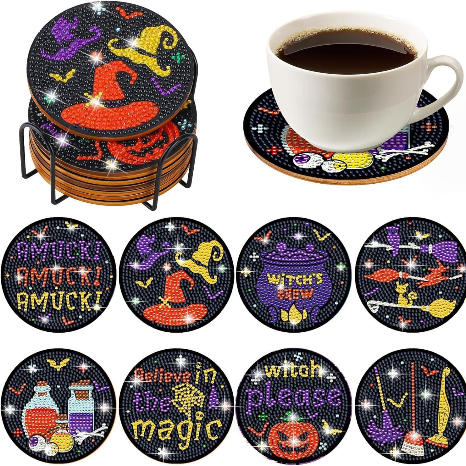 8 Pieces Christmas Diamond Painting Coasters with Iron Stand Diamond Painting Kit for Adults, Beginners