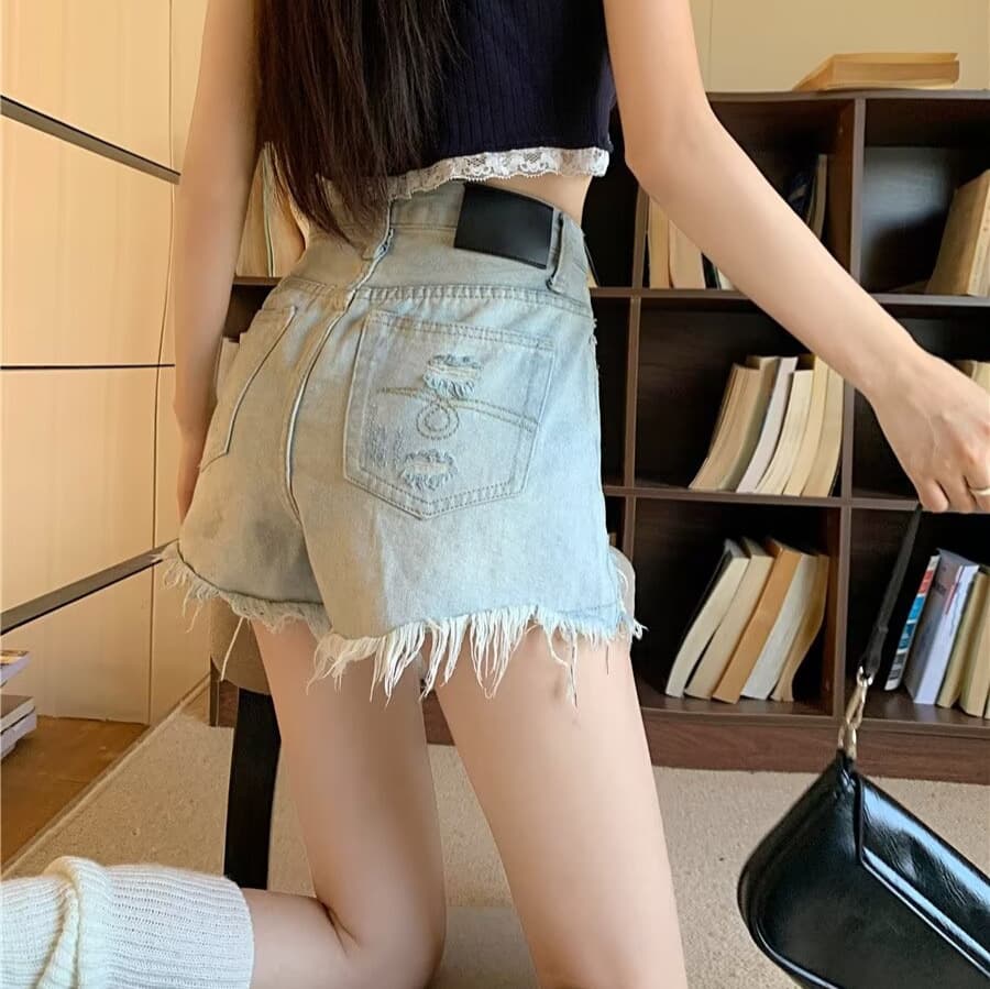 American Retro Y2K Frayed Distressed Denim Shorts for Women, Summer Petite High-Waist Slimming A-Line Wide-Leg Hot Shorts