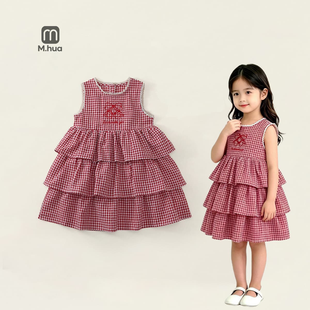 2026 Summer New Little Girls Dress Sweet Plaid Embroidered Sleeveless Dress Children's Tiered Dress Factory Wholesale