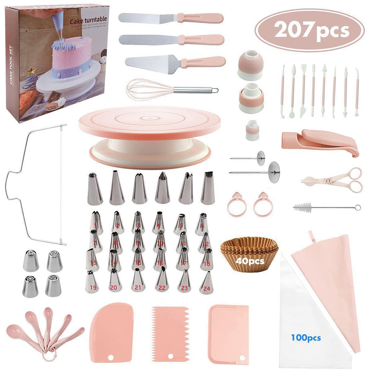 Cake Turntable Set, Nordic Colors, 207-Piece Baking Tool Set with Piping Spatula and Cake Hand Turntable