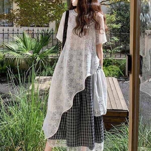 Plus-size Korean-style mid-length T-shirt set for women, summer style, featuring lace plaid patchwork skirt.