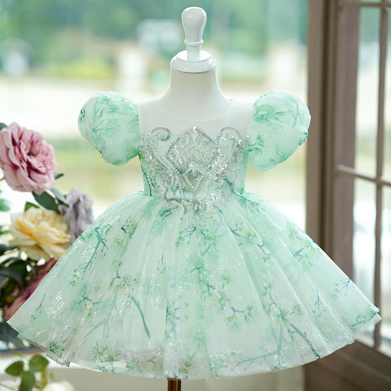 Mint Green Baby One Year Old Dress 2026 New Forest Style Puff Sleeve Puffy Shape Princess Dress Girls Birthday Dress