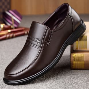 Spring Business Casual Leather Shoes for Men, Genuine Leather, Soft Sole, Calfskin, Small Size Slip-On, Dad Shoes