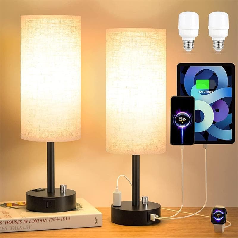 Cross-border exclusive American-style desk lamp with knob switch, stepless dimming, round fabric lamp, USB-C port socket light