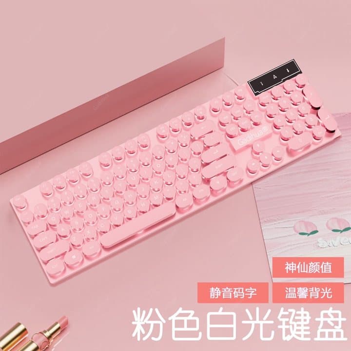 Mechanical Feel Punk Keyboard and Mouse Set, Cute Pink for Girls, Computer Gaming Office Silent Wired Keyboard and Mouse