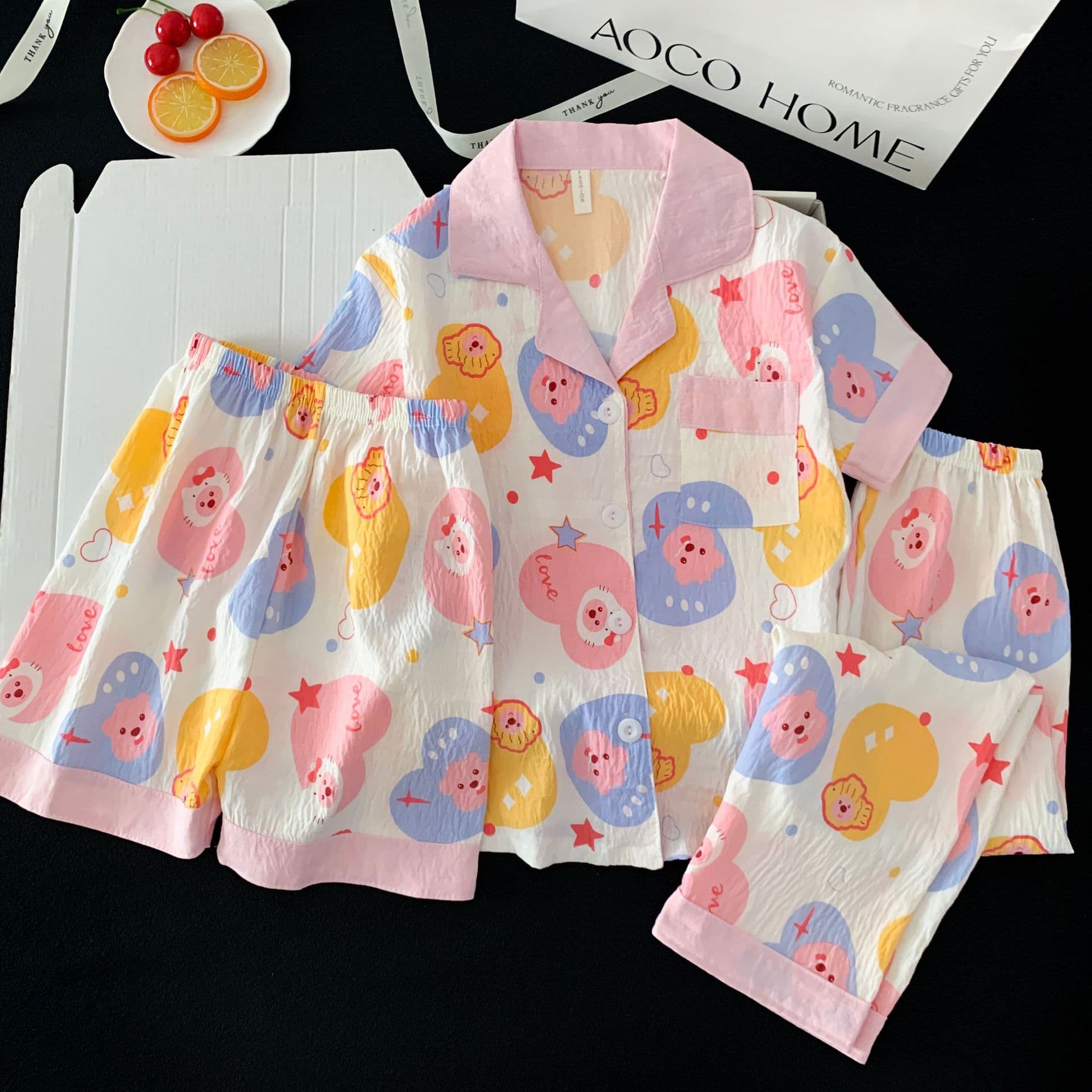 Summer Cloud Cotton Short Sleeve Shorts Long Sleeve Cardigan Lapel Three-Piece Set Girls Middle Child Teen Pajamas Wholesale