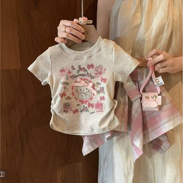 Girls' Outfit Trendy 2026 New Summer Korean Style Baby Short Sleeve T-Shirt Irregular Plaid Skirt Pants Two-Piece Set