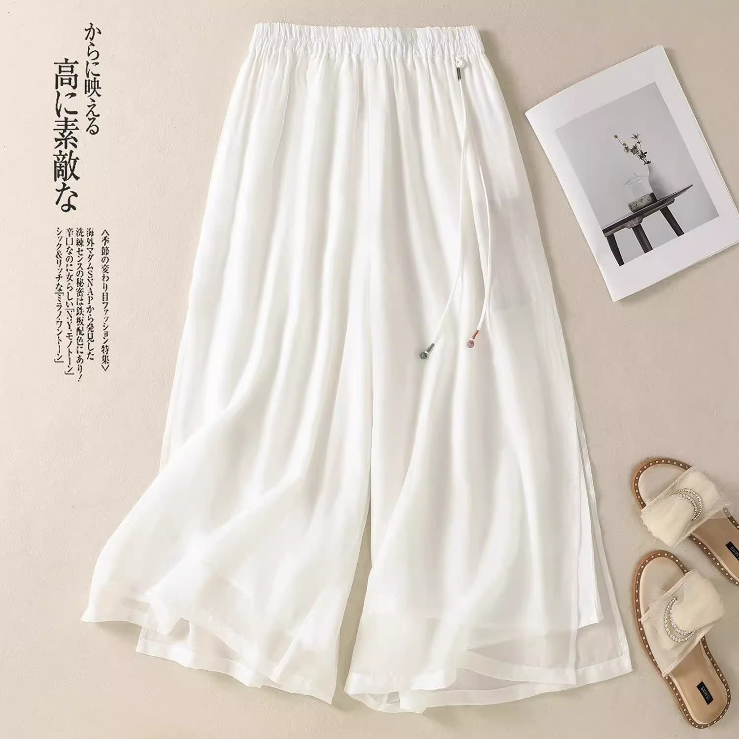 Elegant Drape Skirt Pants New Chinese Style Wide-Leg Pants Women Summer Versatile Slit Double-Layer Casual Pants Straight-Leg Pants Trendy