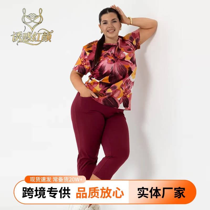 Printed Women's T-Shirt Hawaiian Style Plus Size Set Casual Loose Print Women's Casual Short Sleeve Top