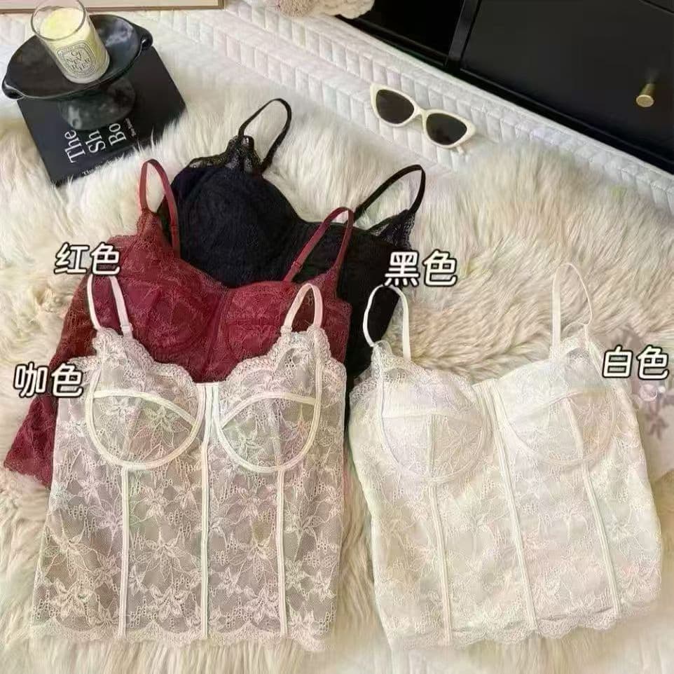French retro style camisole bra with fixed cups, lace back, long inner and outer wear, ice silk summer women's underwear