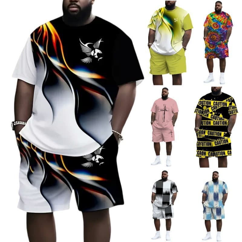 Temu cross-border European and American summer T-shirt shorts suit 3D digital printing pattern color matching casual beach suit explodes