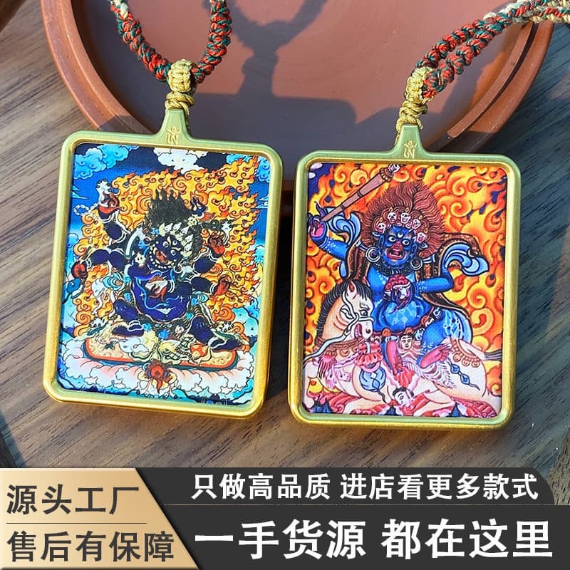 Tibetan Thangka painting pendant, six-armed Mahakala, Vajrabhairava, Black Wealth Deity, Tibetan Thangka square gold pendant
