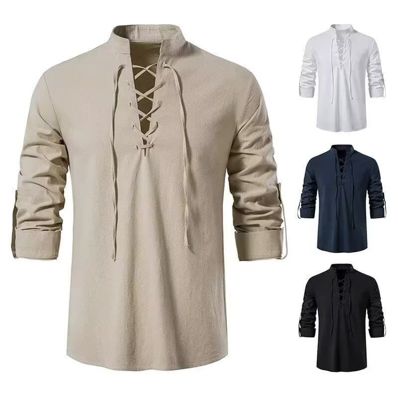 Foreign trade 2026 summer men's henley shirt long-sleeved hippie versatile casual stand-up collar beach t-shirt European size ready